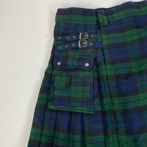 DSSkilts Plaid Kilt Utility Pockets Buckle Straps Green Blue Size 54 - Picture 6 of 13